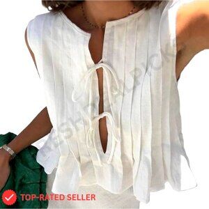 Linen Bow Tie Front Tank Top Peplum Blouse Y2K Babydoll Ruffle Sleeveless